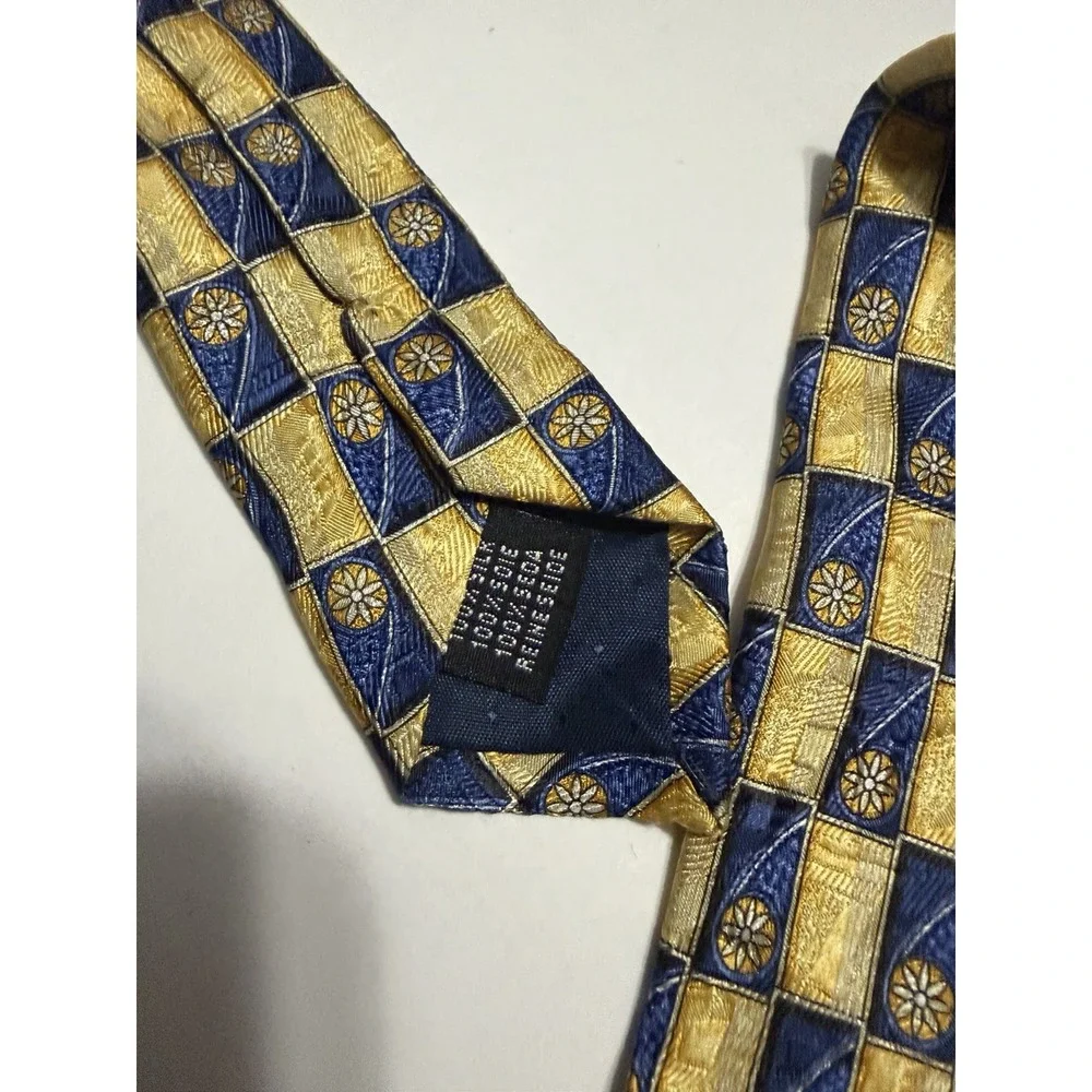 Citta Alta Mens Silk Necktie Gold Navy Blue Geometric Floral Medallion Check Tie